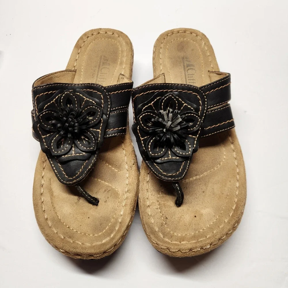 Cliffs White Mountain Carnation Black Floral Wedge Sandals Womens 7.5 M C14724Z